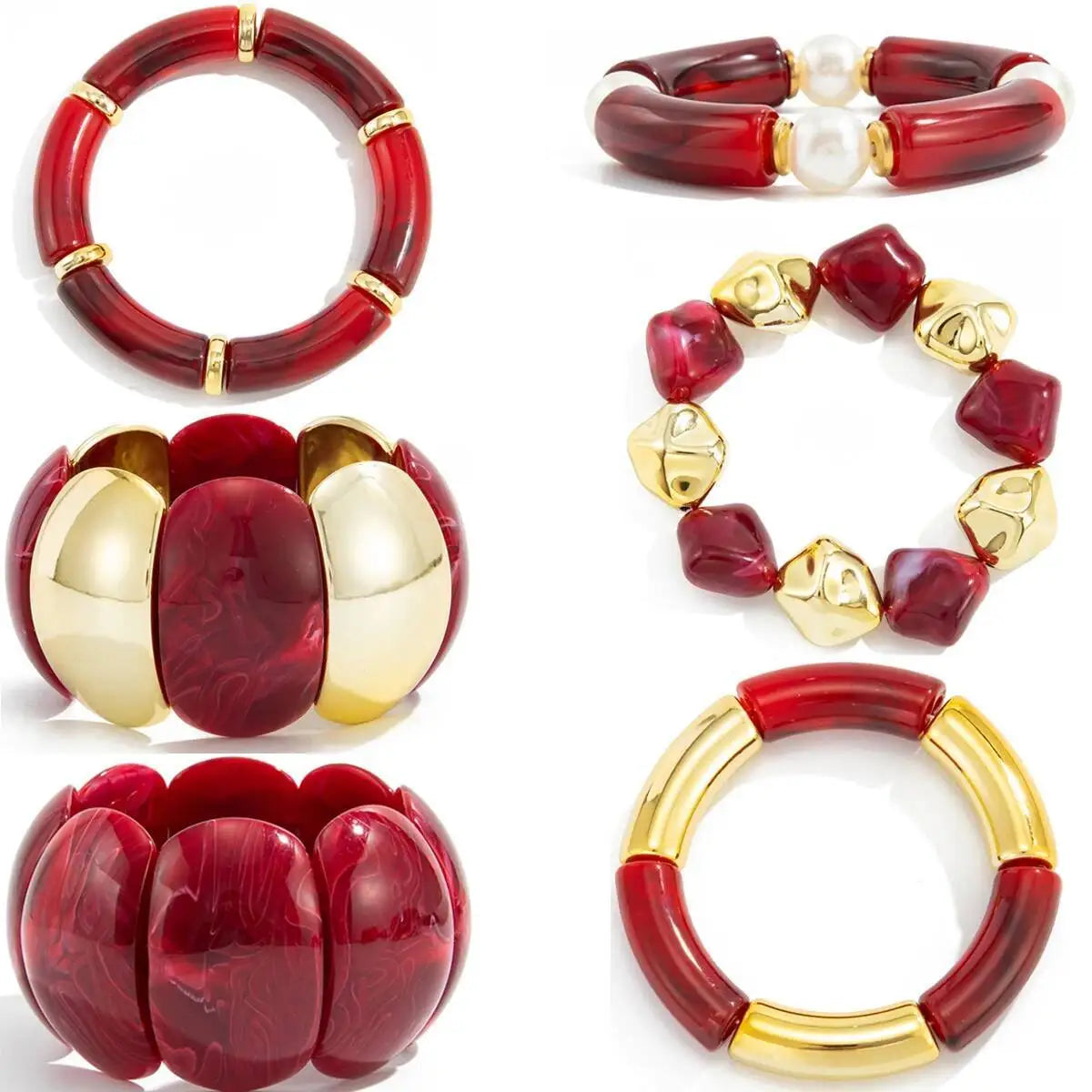 6 Style Vintage Red Resin Acrylic Bracelets for Women Punk Splice Metal Tube Beaded Handmade Bangles Aesthetics Jewelry