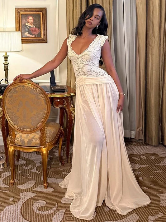 Patchwork Jacquard Mesh Maxi Dress Women v-Neck Folds Sleeveless Skinny Elegant Wedding Party Chic Vacation Vestidos