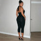 Women Halter Neck Tie Back Jumpsuit Lace Cutout Waist Bodycon Capri Pants Sleeveless Slim Club Party Night Out Outfit