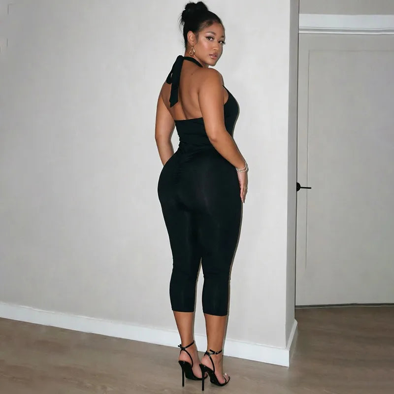 Women Halter Neck Tie Back Jumpsuit Lace Cutout Waist Bodycon Capri Pants Sleeveless Slim Club Party Night Out Outfit