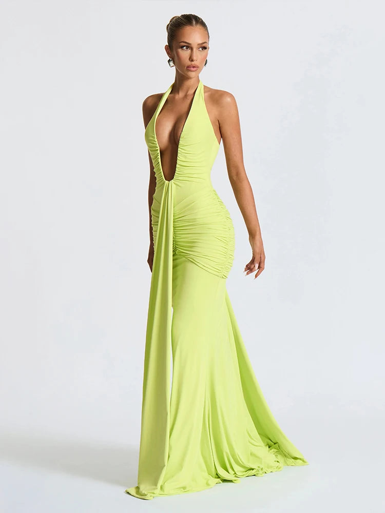 Backless Tassel Dress Women Peach Buttock Pleated Patchwork Solid Halter Sleeveless Midnight Clubwear Party Vestidos