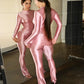2 Piece Set Woman  Autumn Trend Silky Stain o-Neck Full Sleeve T-Shirt+Slim Stretch Long Pant Casual Elegant Fashion Suit
