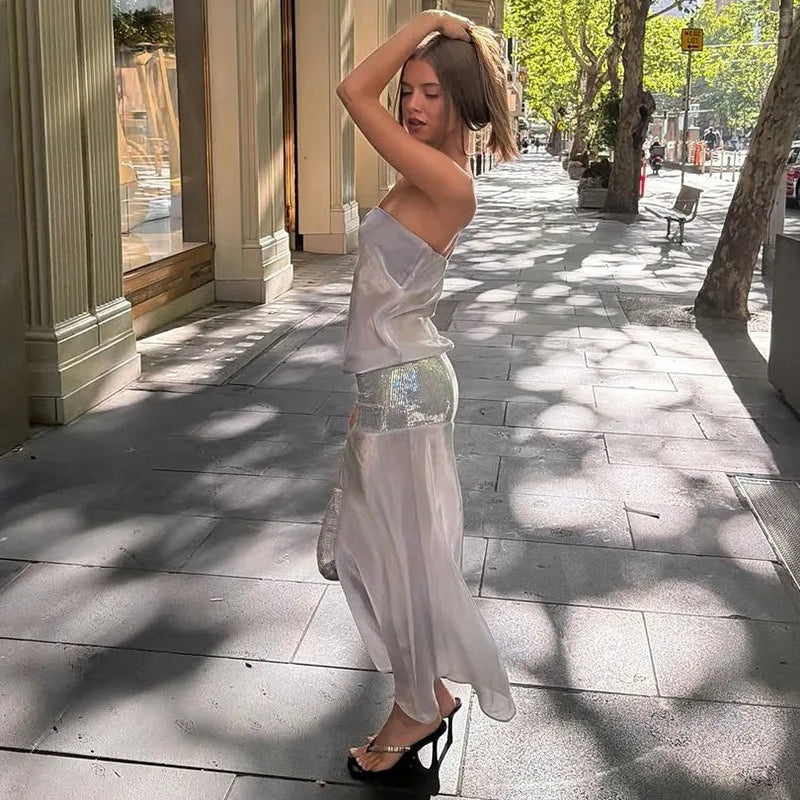 See Through Strapless Backless Long Dresses Sparkling Sequin Classy Dresses for Woman Elegant