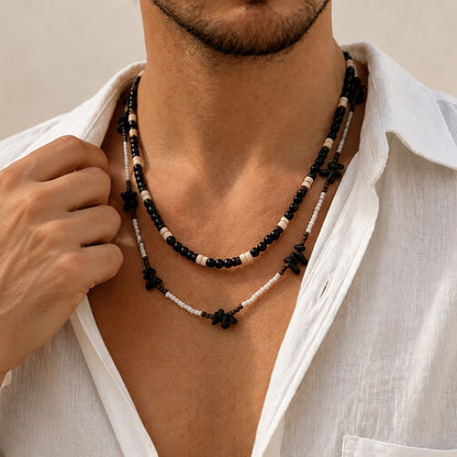 2Pcs/Set Trendy Black White Acrylic Seed Beads Choker Necklace for Men Punk Vintage Stackable Collar Chain Neck Jewelry