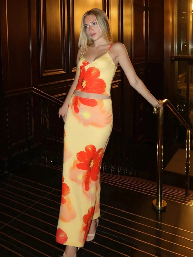 Tie-Dye Print 2 Piece Set Women Summer Y2K Fashion Hipster Elegant V-Neck Camisole+Maxi Skirts Matching Streetwear