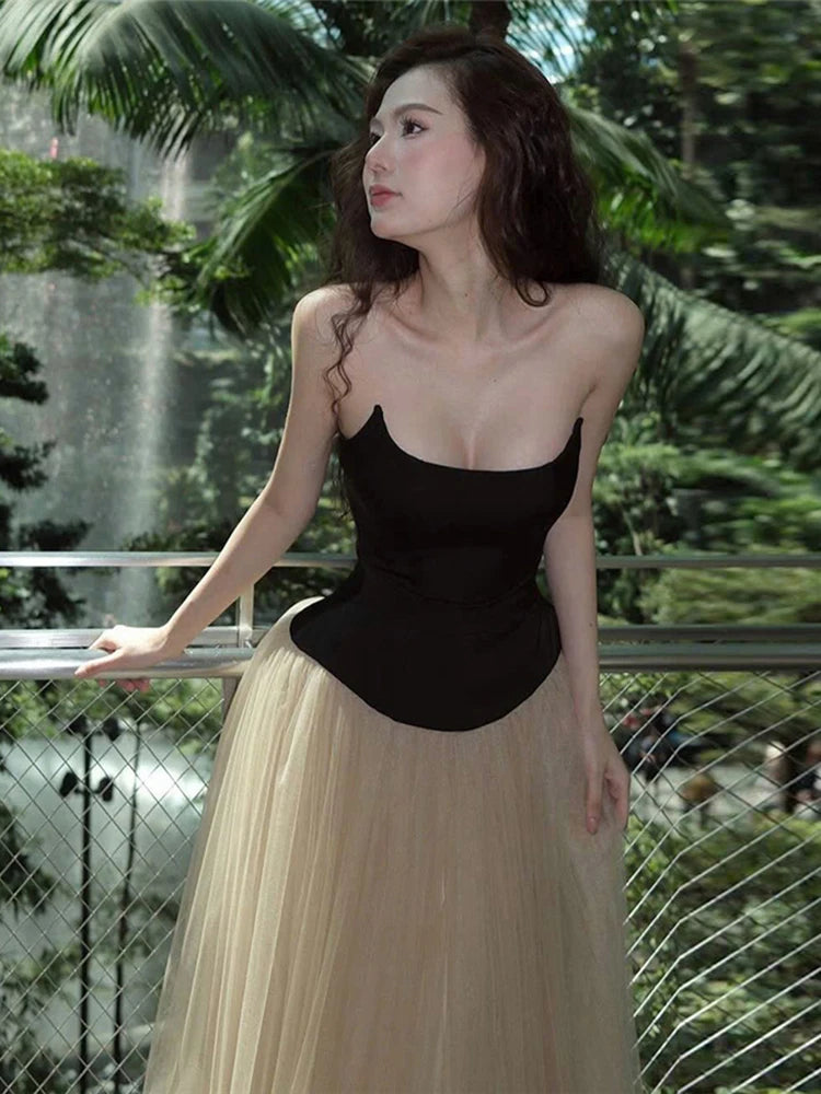 Patchwork Tierred Dress Women Sexy Strapless Mesh Elegant Princess Evening Birthday Party Simple Skinny Maxi Bodycon