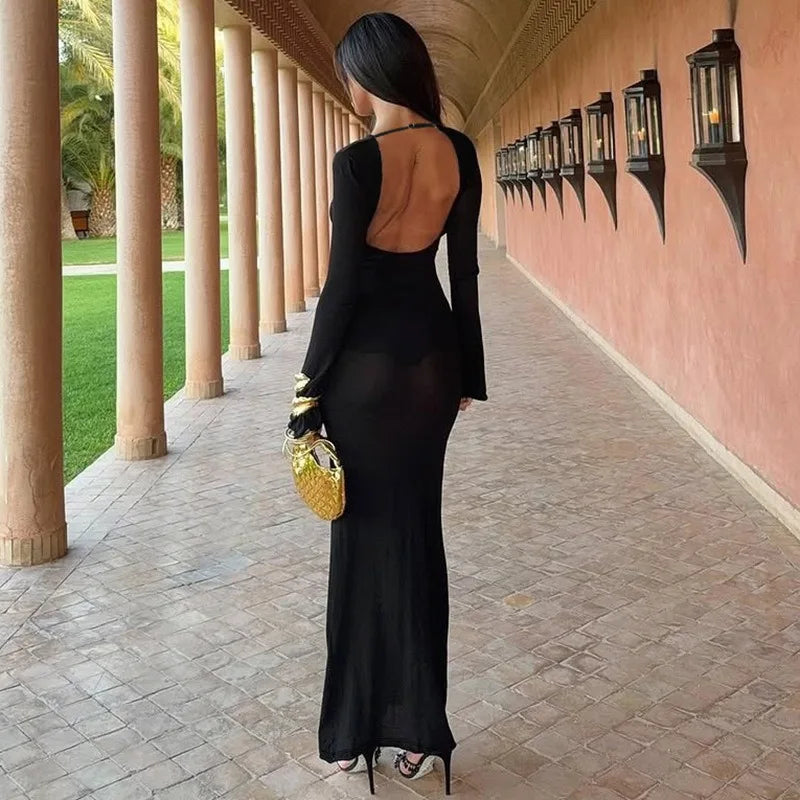 Sexy Long Sleeve Open Back Maxi Dress Elegant Black Party Dresses Autumn 2025 Woman Clothing