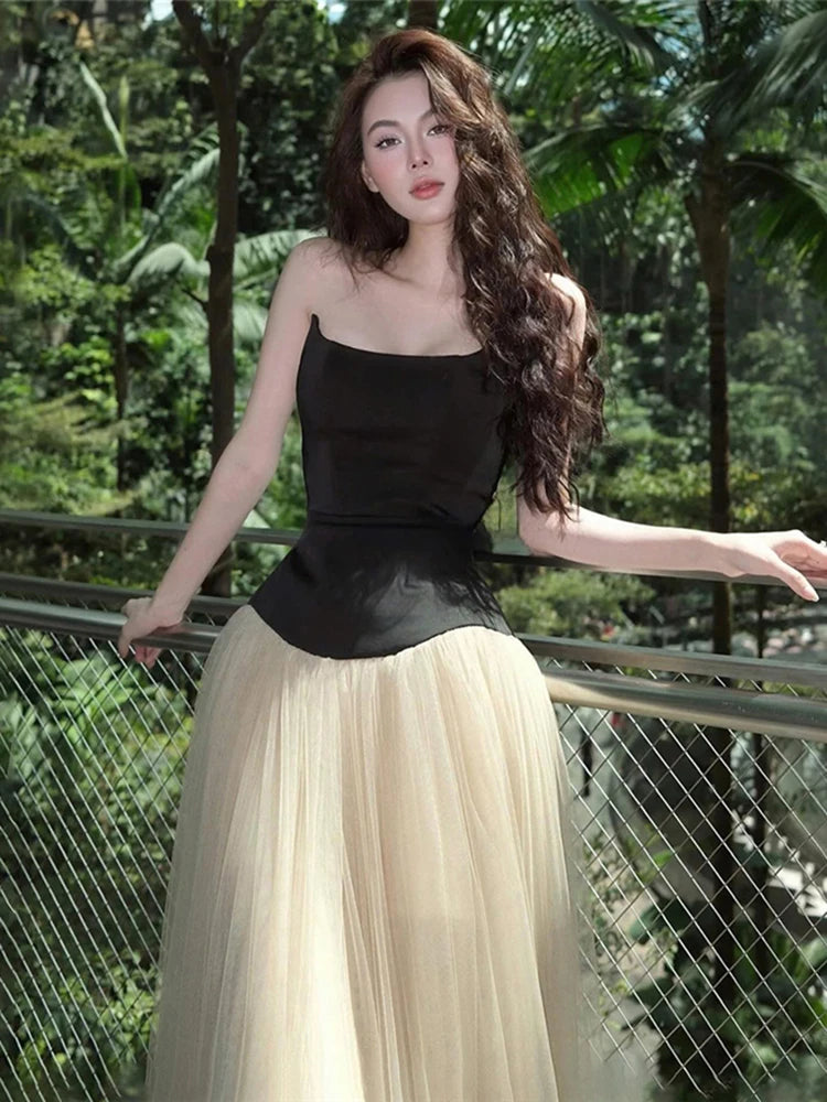 Patchwork Tierred Dress Women Sexy Strapless Mesh Elegant Princess Evening Birthday Party Simple Skinny Maxi Bodycon