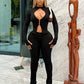 Simple Tracksuits 2-Piece Set Women Chest Hollow Long Sleeve Cardigan+Zip Pants Marching Stretch Skinny Sexy Clubwear
