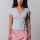 Ladies Surplice Wrap V‑Neck Short Cap Sleeve T‑Shirt Side Tie Knot Fitted Cropped Top Solid Color Casual Daily Blouse