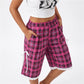 Women Bermuda Shorts Camo Plaid Print Elastic Waist Lace Trim Bow Decor Loose Baggy Knee Length Casual Street Shorts
