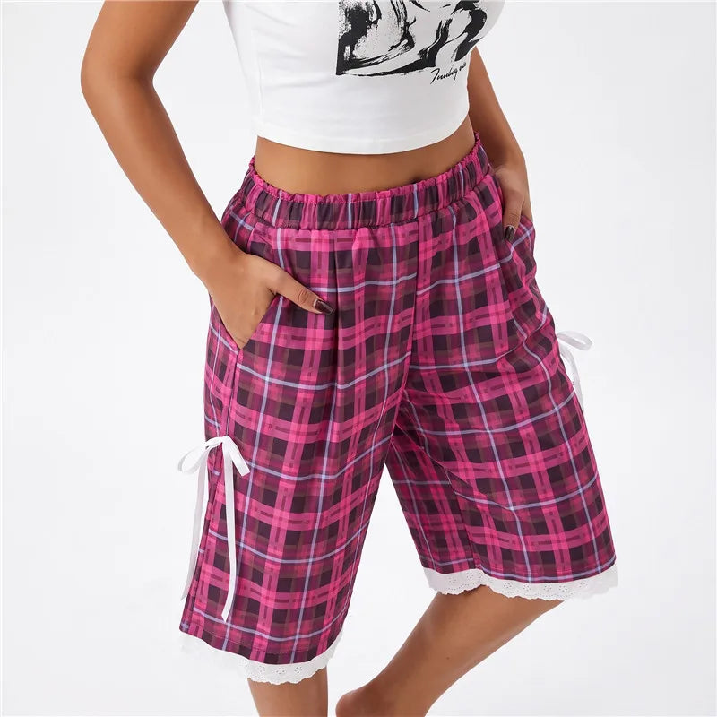 Women Bermuda Shorts Camo Plaid Print Elastic Waist Lace Trim Bow Decor Loose Baggy Knee Length Casual Street Shorts
