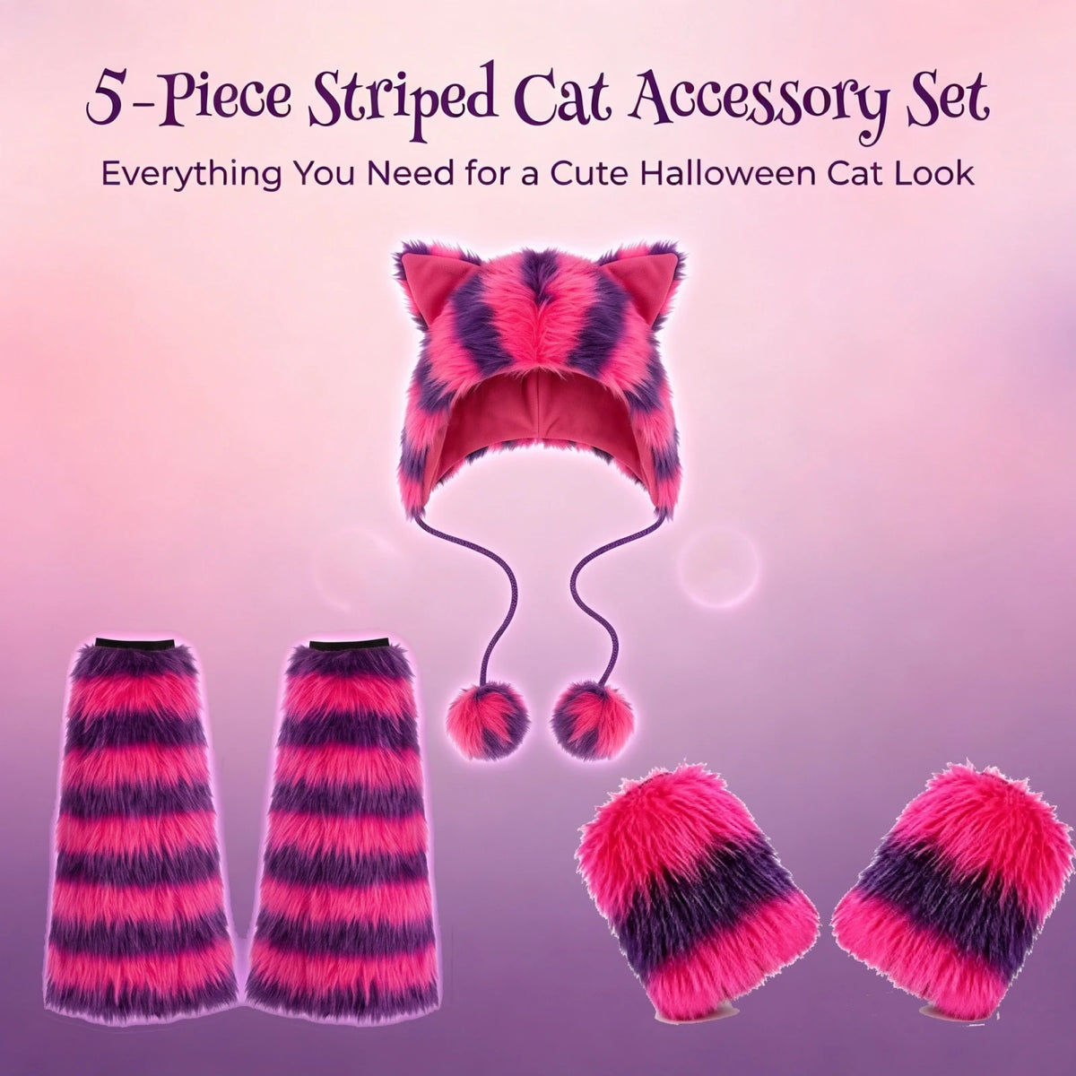 Cheshire Cat Faux Fur Accessory Kit Pink Purple Striped Cat Ear Hat Wrist Cuffs Leg Warmers Halloween Cosplay Dress Up