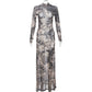 Vintage Printed Mesh Dress See Through Long Sleeve Maxi Dresses for Women Streetwear Y2k Clothing