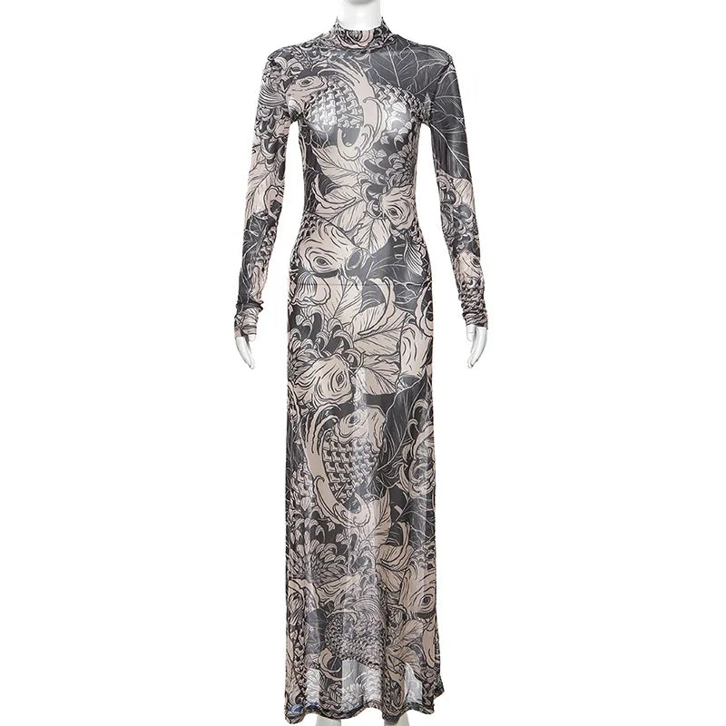 Vintage Printed Mesh Dress See Through Long Sleeve Maxi Dresses for Women Streetwear Y2k Clothing