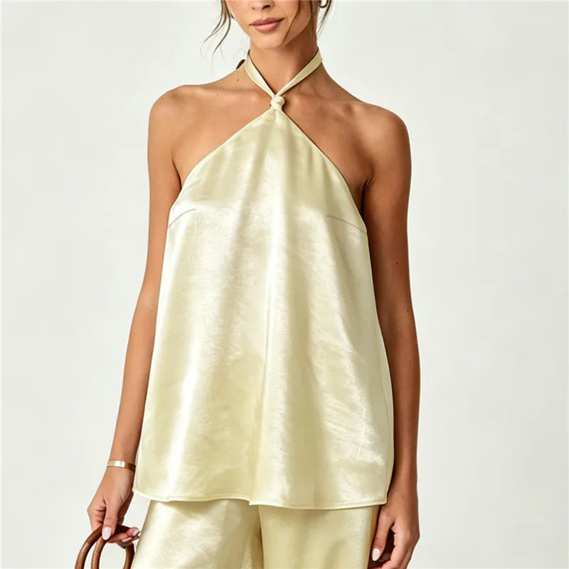 Halter Neck Satin Top for Women with Knot Front and Open Back Design Sleeveless Solid Color Elegant Party Summer Blouse