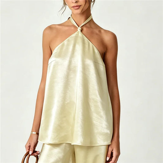 Halter Neck Satin Top for Women with Knot Front and Open Back Design Sleeveless Solid Color Elegant Party Summer Blouse