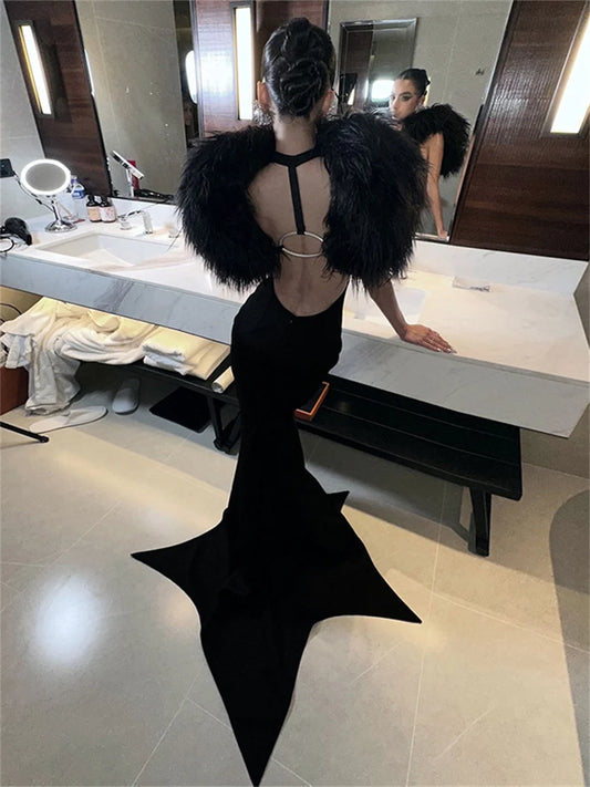 Fashion Furry Patchwork 2 Piece Set Women Sexy Metal Ring Sleeveless Dress+Tassel Shawl Noble Elegant Party Gown Suit