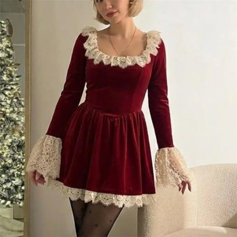 Womens Velvet Lace Mini Dress Square Neck Ruffle Flare Long Sleeve A Line Short Dress Christmas Holiday Party Dress