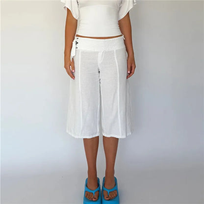 Women Y2K Low Waist Lace‑Up Linen Blend Culottes Solid Cropped Wide Leg Capri Pants With Pockets Casual Bottoms