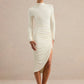 Women Turtleneck Long Sleeve Midi Dress Ruched Side Slit Bodycon Dress Solid Color Elegant Evening Party Midi Dresses