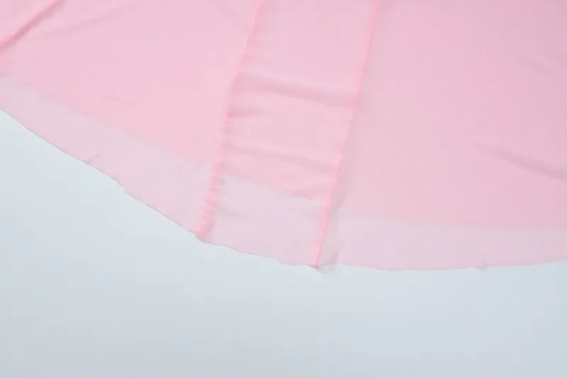 One Shoulder Fishtail Maxi Dress for Woman Elegant See Through Mesh Patchwork Pink Party Dresses