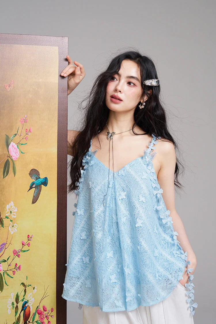Floral 3D Lace Cami Top, V-Neck Flowy Sheer Tank Top, Romantic Casual Summer Camisole for Women