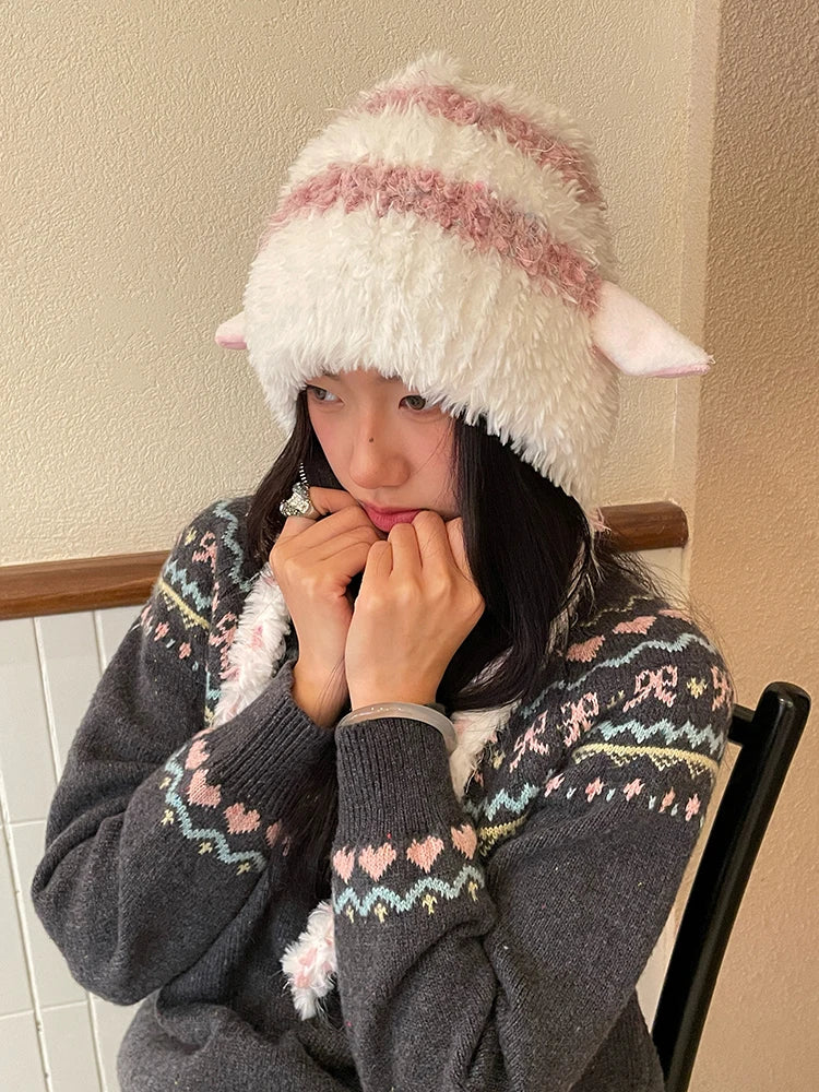 Y2K Sweet Macaron Goat Ear Pom Pom Beanie For Women