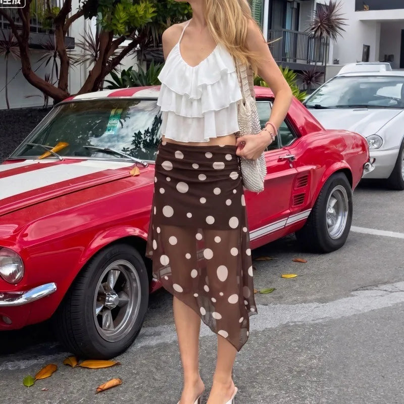 Polka Dot Print Mesh Sheer Brown Black Skirts for Woman Low Rise Asymmetrical Midi Skirt Y2k Clothes