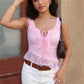 Women's Lace Cami Top Asymmetric Ruffle Hem Front Tie Sexy Slim Fit Lace Keyhole Cutout Camisole Party Club Tops