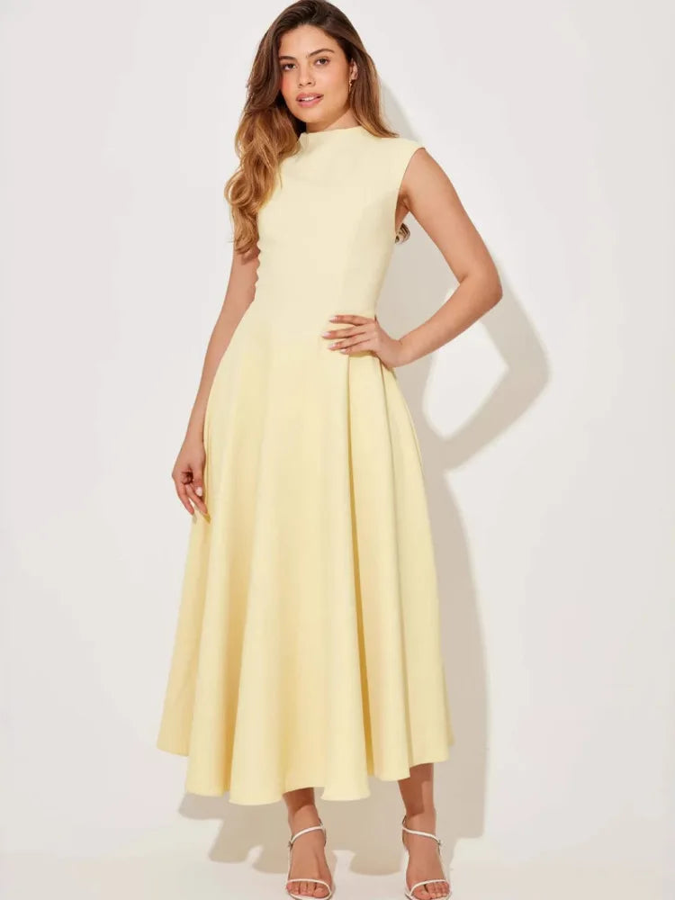 Sleeveless High Waist Sexy Midi Dress For Women Fashion Elegant Solid Pleated Club Party Long Dresses Female New