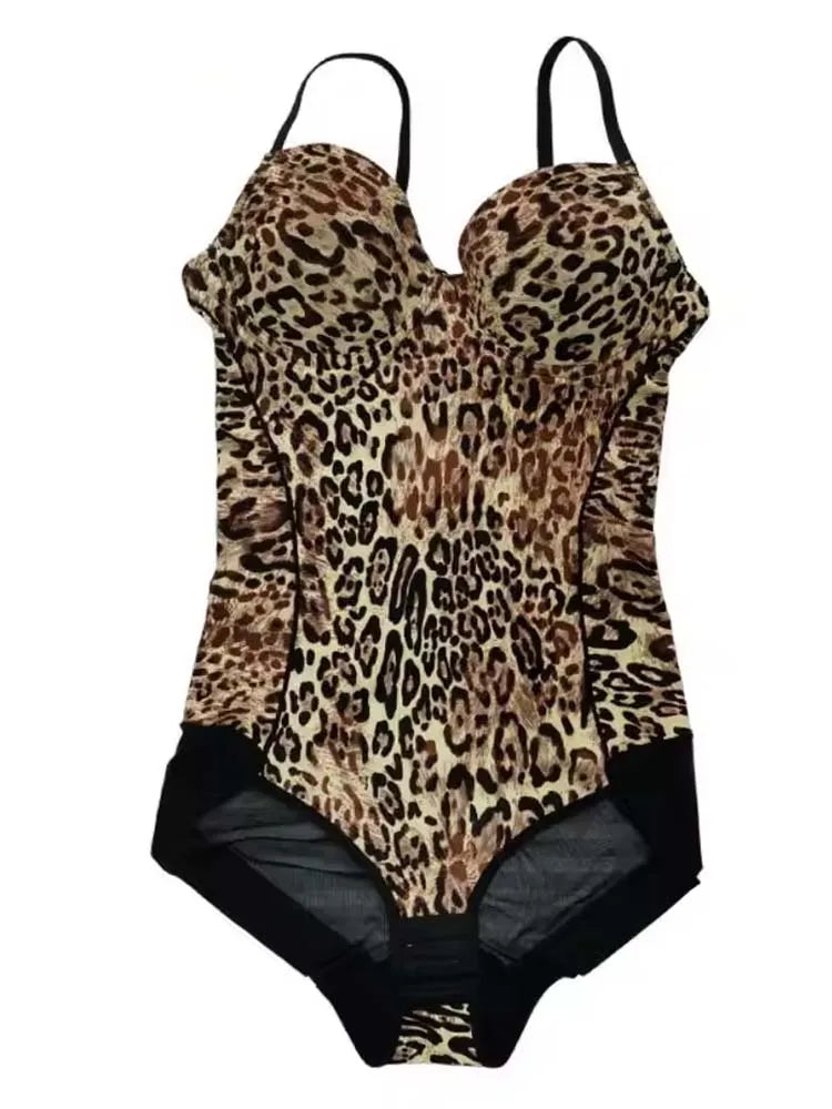 Padded Bra Bodysuits Women Sexy Leopard Print Mesh Patchwork Body Shaping Backless Sleeveless Beach Party Shapewear