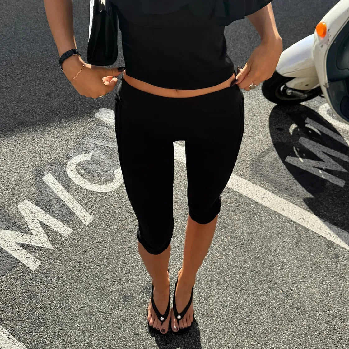 Fold Over Waistband Capri Leggings Women Solid Color Low Rise Split Hem Skinny Pants Casual Summer Streetwear Yoga Pants