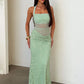 Women Halter Mesh Cutout Lace Sexy Maxi Dress Elegant Square Collar Sleeveless Backless Bodycon Club Party Long Dresses