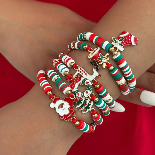 6Pcs/Set Christmas Bracelet for Women Santa Claus Elk Christmas Tree Socks Pendant Bracelet Adjustable Rope Chain Bangle