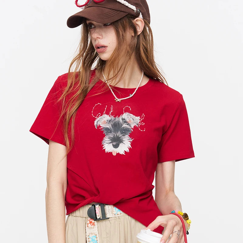 Schnauzer Print Cropped T-Shirt, Letter Graphic Twisted Tee, Casual Short Sleeve Top for Women