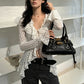 Jacquard t-Shirt Women Bandage Ruffles v-Neck Irregular Hem Elasticity Flare Sleeve Sexy Street Fashion Clubwear