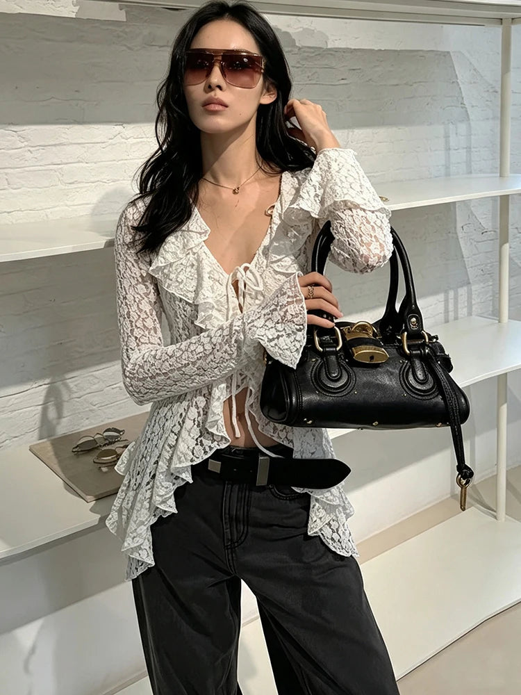 Jacquard t-Shirt Women Bandage Ruffles v-Neck Irregular Hem Elasticity Flare Sleeve Sexy Street Fashion Clubwear