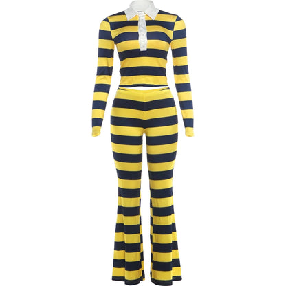 Sporty Striped 2Piece Set Women Lapel Single-Breasted Full Sleeve Crop Top+Elastic Waist Slightly Flared Pant Street Suit