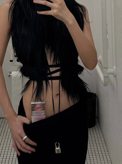 Sexy Furry Halter Top Women Fur Collar Backless Lace-Up Hottie Coquette Dark Punk Style Music Festival Clubwear Vest