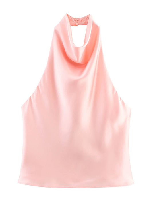 Elegant Silk Satin Tank Top Women Summer Elegant Simple Halter Backless Vacation Party Club Basic Wild Skinny Vest