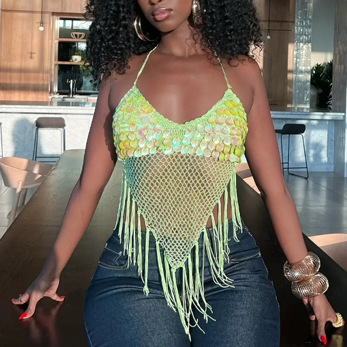 Sequin Shell Decor Hollowed Backless Camisoles with Triangle Tassels Womens Summer Lace-up Halter Neck Knit Vest Beach