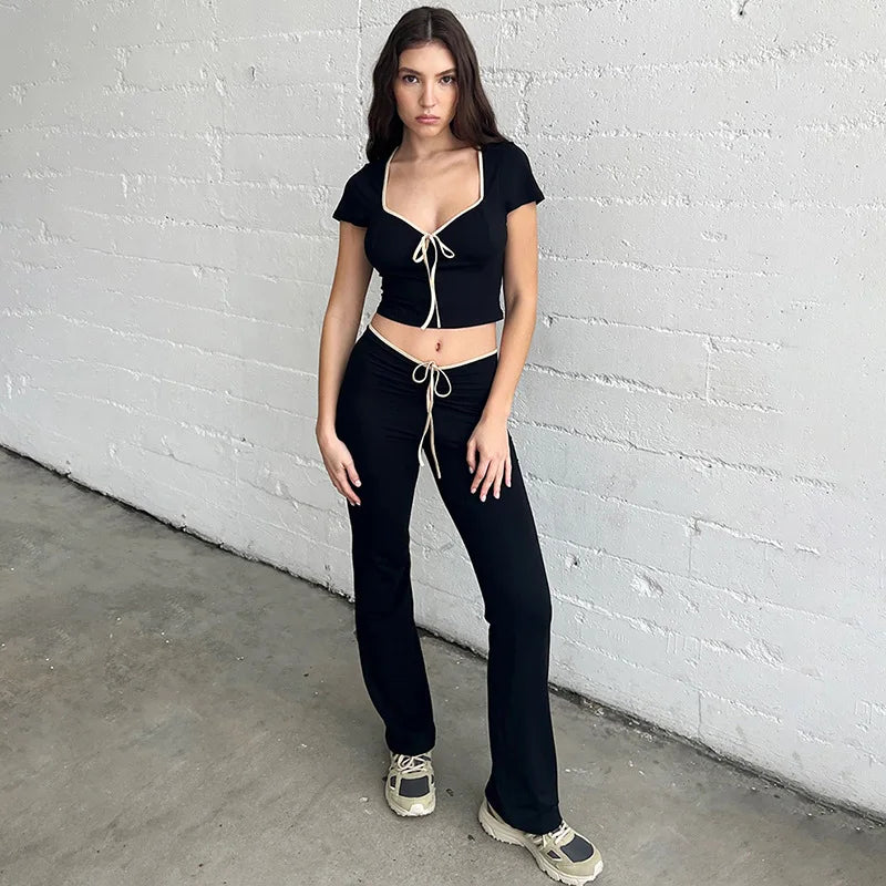 Y2k Cute Black Two Piece Set Women Outfit 2023 Summer Lace Up Low Rise Flare Pants and Crop Top Matching Sets