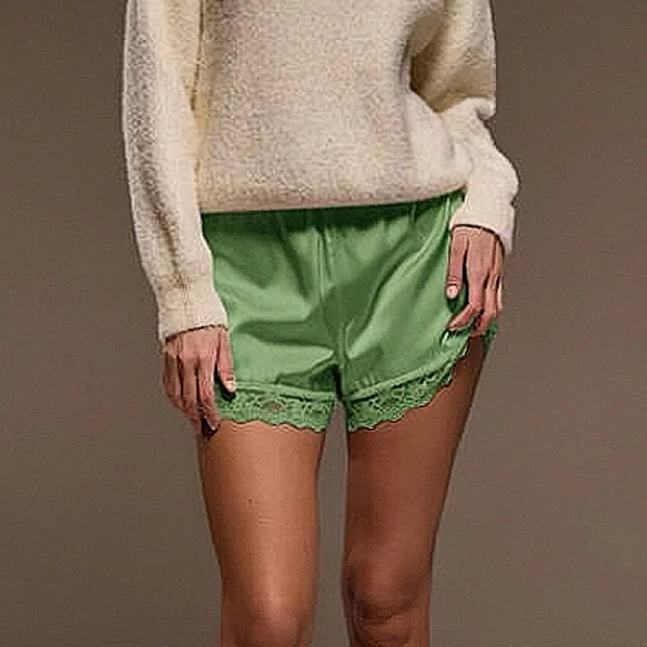 Lace Trim Satin Shorts for Women Silky Elastic Waist Mini Shorts Casual Lounge French Knickers Slip Boxer Pj Bottoms
