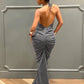 Sleeveless Halter Ruched Maxi Dress Women Sexy Elegant Deep V-neck Lace Up Backless Bodycon Solid Robe Partywear Vestido
