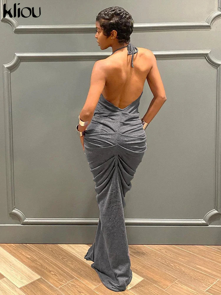 Sleeveless Halter Ruched Maxi Dress Women Sexy Elegant Deep V-neck Lace Up Backless Bodycon Solid Robe Partywear Vestido