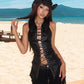 Sexy 2-Piece Set Women Cross Bandage Hollow Lapel Vest+Patchwork Sequin Irregular Folds Tassel Skirt Midnight Suit