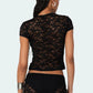 Women Sheer Floral Lace Crop Top Short Sleeve Round Neck Slim Fit See Through Blouse Summer Casual Streetwear Y2K Outfit