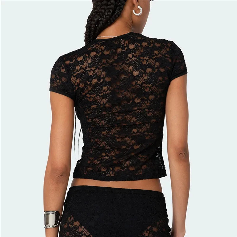 Women Sheer Floral Lace Crop Top Short Sleeve Round Neck Slim Fit See Through Blouse Summer Casual Streetwear Y2K Outfit