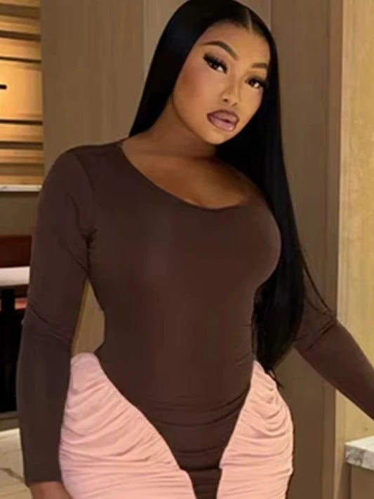 Peach Hip Dress Women Elegant Patchwork Pleat O-Neck Full Sleeve Autumn Trend Classic Sexy Stretch Skinny Maxi Bodycon